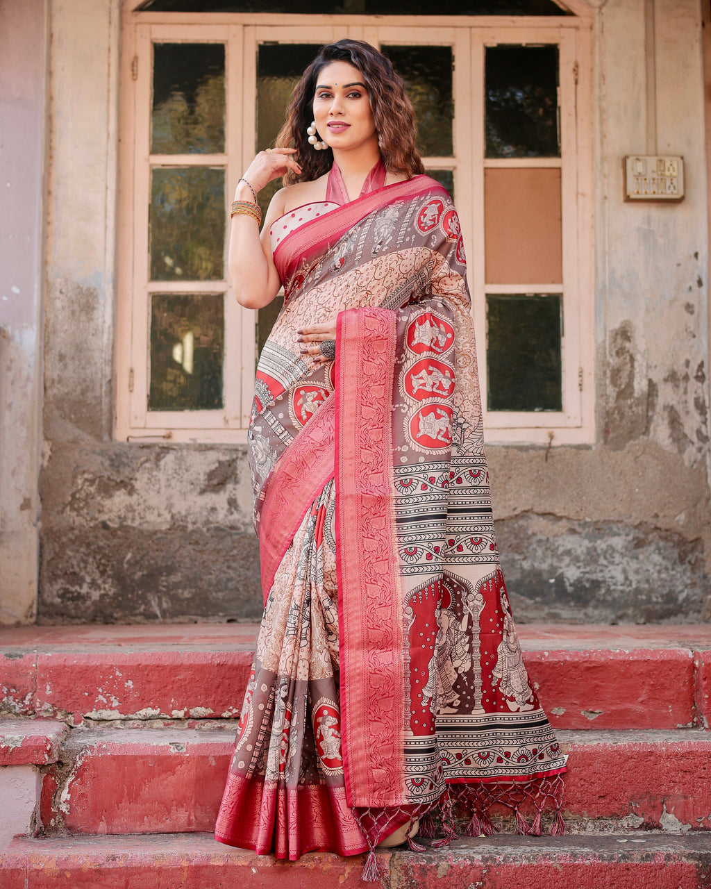 Close-up of the intricate Pichwai digital print and vintage royal motifs on the silk fabric