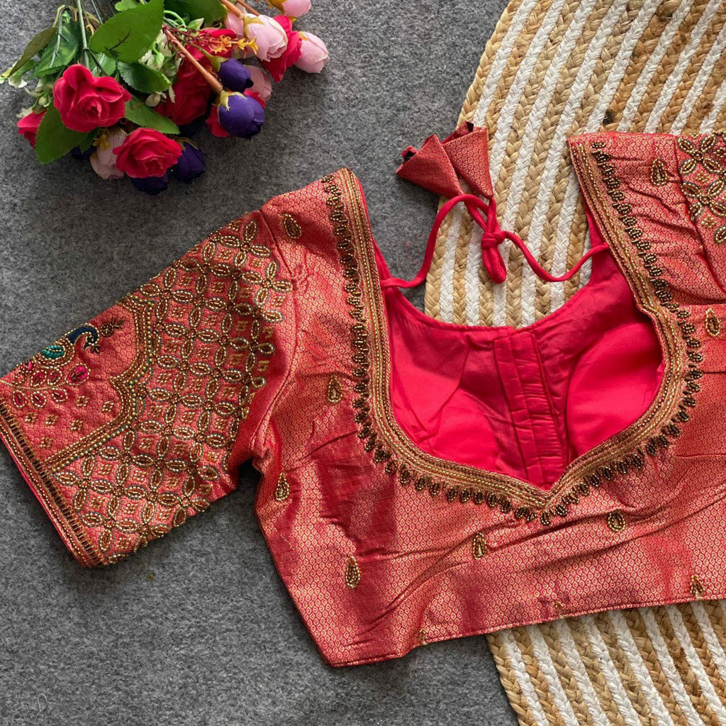 TRENDBUY Coral Red Banarasi Silk Handwork Blouse with Peacock Design