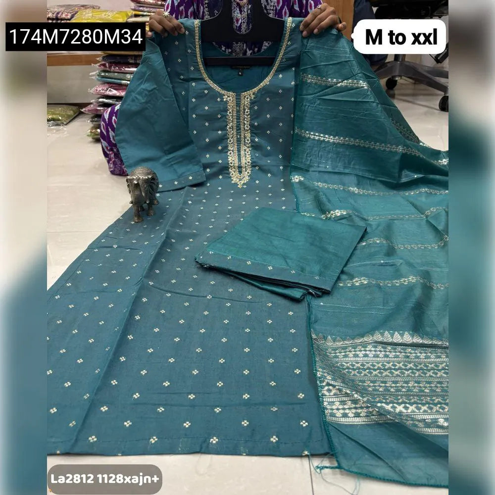 TRENDBUY Banarasi Silk Handwork Kurti Set in Teal Green with Pant and Dupatta