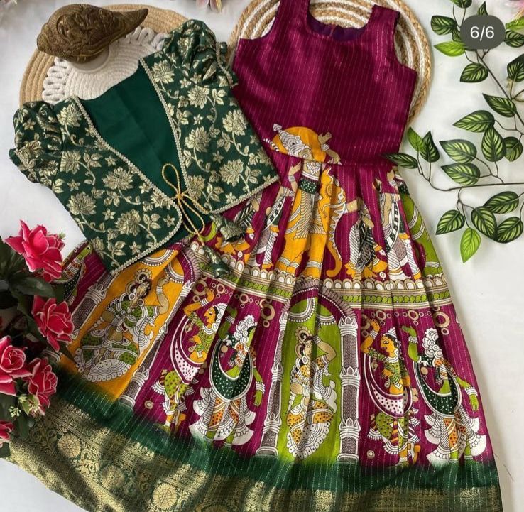 TRENDBUY Kids Banarasi Silk Koti Gown in Maroon Green for Festive Wear