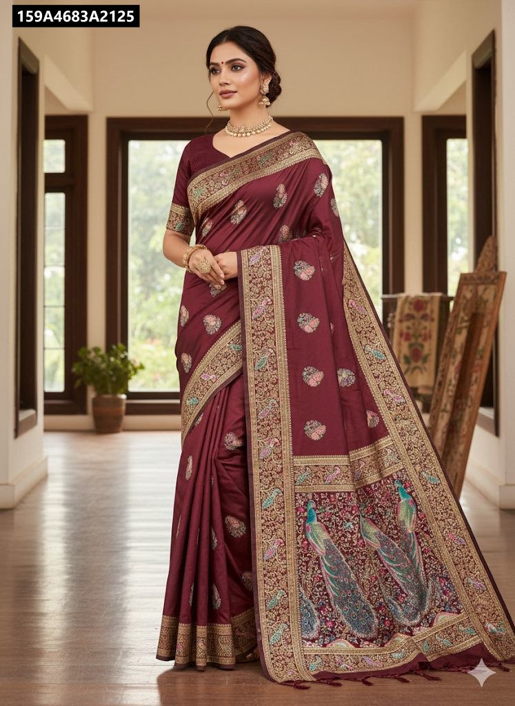 TRENDBUY Purple Banarasi Silk Saree with 3D Weaving Mina Design, Model wearing Saree