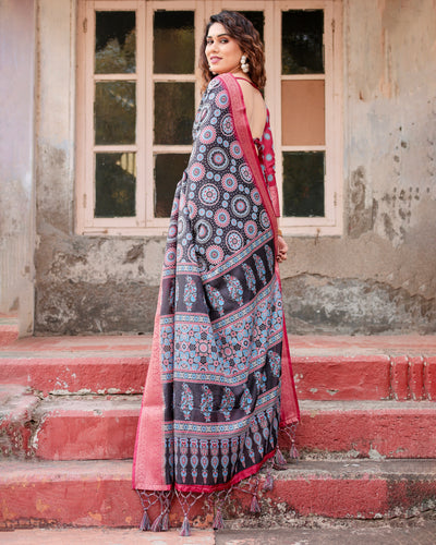 Premium Black & Pink Banarasi Silk Digital Print Saree for Wedding & Festive Wear