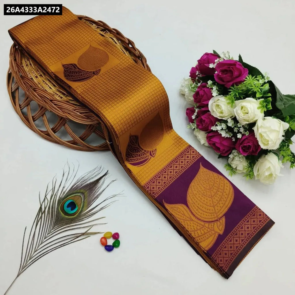 TRENDBUY Gold and Purple Banarasi Silk Saree with floral and mina design, flat lay