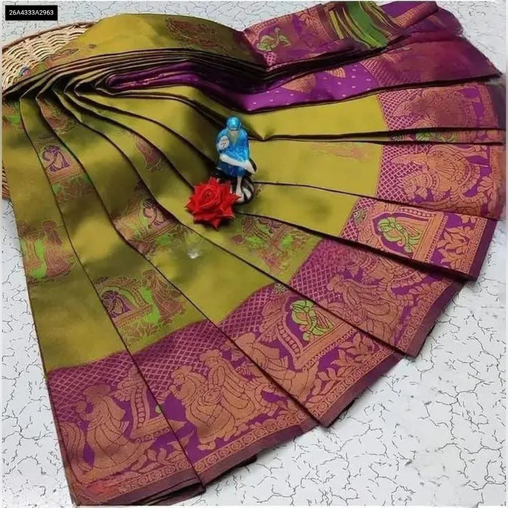 TRENDBUY Olive Green Banarasi Silk Saree with purple zari weaving border