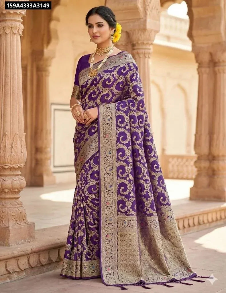 TRENDBUY Women's Banarasi Silk Saree in deep purple with intricate zari weaving and floral mina design, worn by a model in a traditional setting.