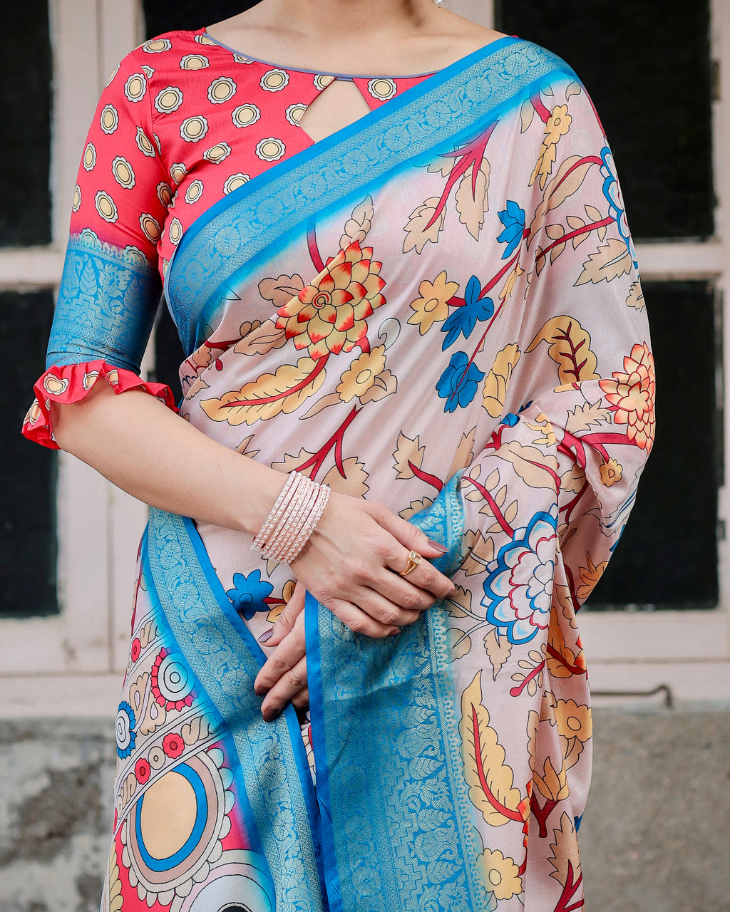 Close-up of intricate floral and abstract digital print on Banarasi silk saree and blouse