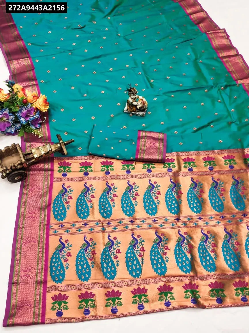 Teal Blue Banarasi Silk Saree with Peacock Pallu and Copper Zari by TRENDBUY