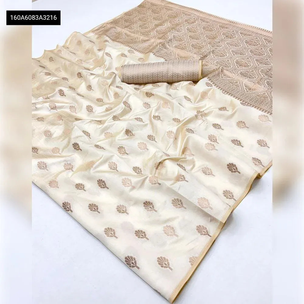 Cream Banarasi Silk Saree with subtle zari work on a flat lay, showcasing its elegant fabric and initial design.