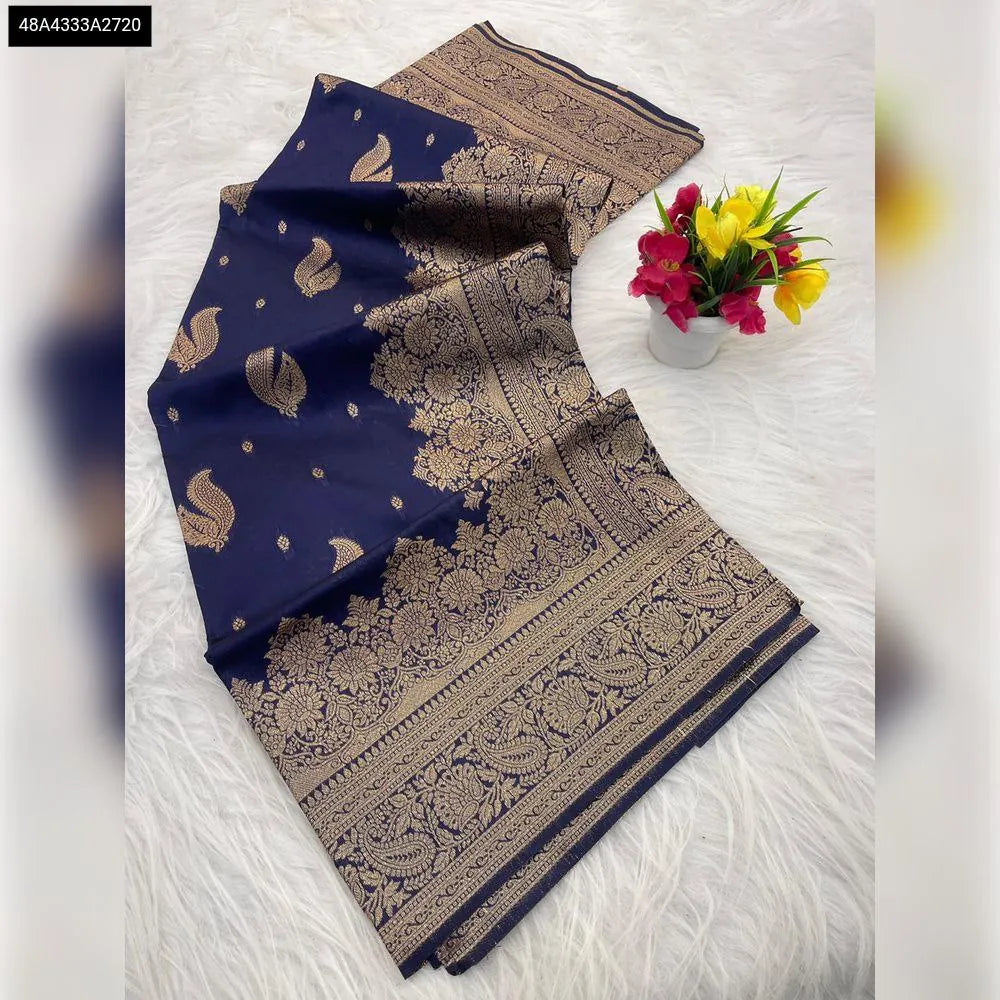 TRENDBUY Navy Blue Banarasi Silk Saree with Zari Weaving and Floral Mina Design