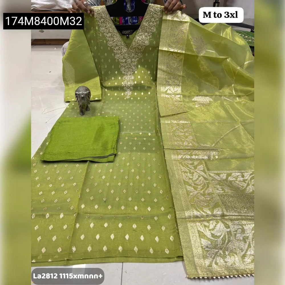 TRENDBUY Banarasi Simar Silk Kurti Set in Green with V-Neckline, heavy handwork embroidery, matching pant and unique Banarasi dupatta, M to 3XL sizes.