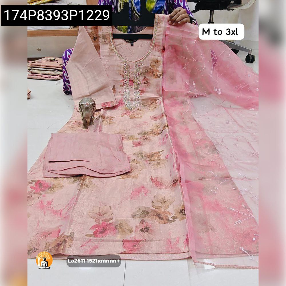 Women's Blush Pink Banarasi Simar Silk Kurti Set with Floral Print and Organza Dupatta