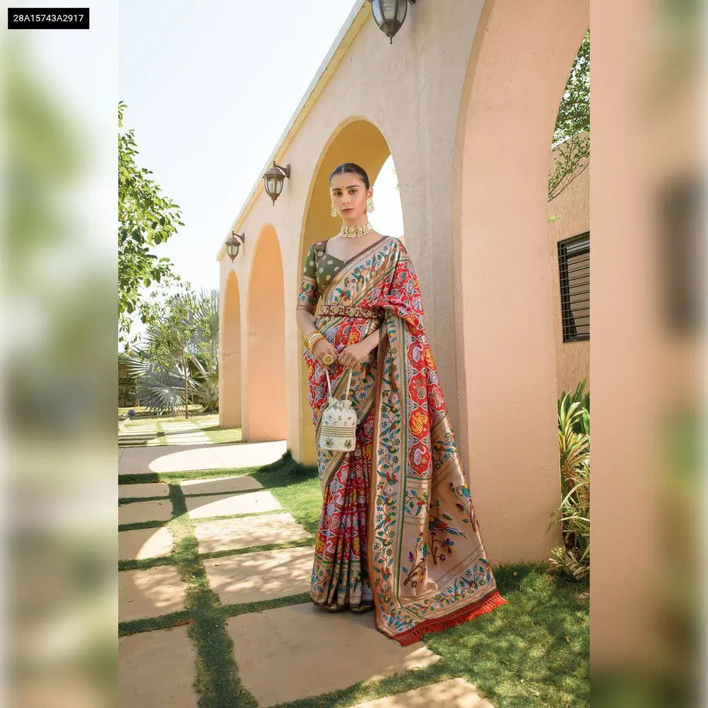Model wearing Red & Green Multi Banarasi Soft Silk Paithani Saree with Meena & Zari Weaving