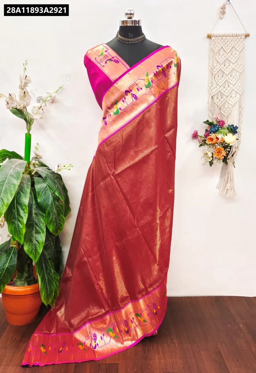 TRENDBUY Banarasi Soft Silk Paithani Saree in Maroon, draped on mannequin