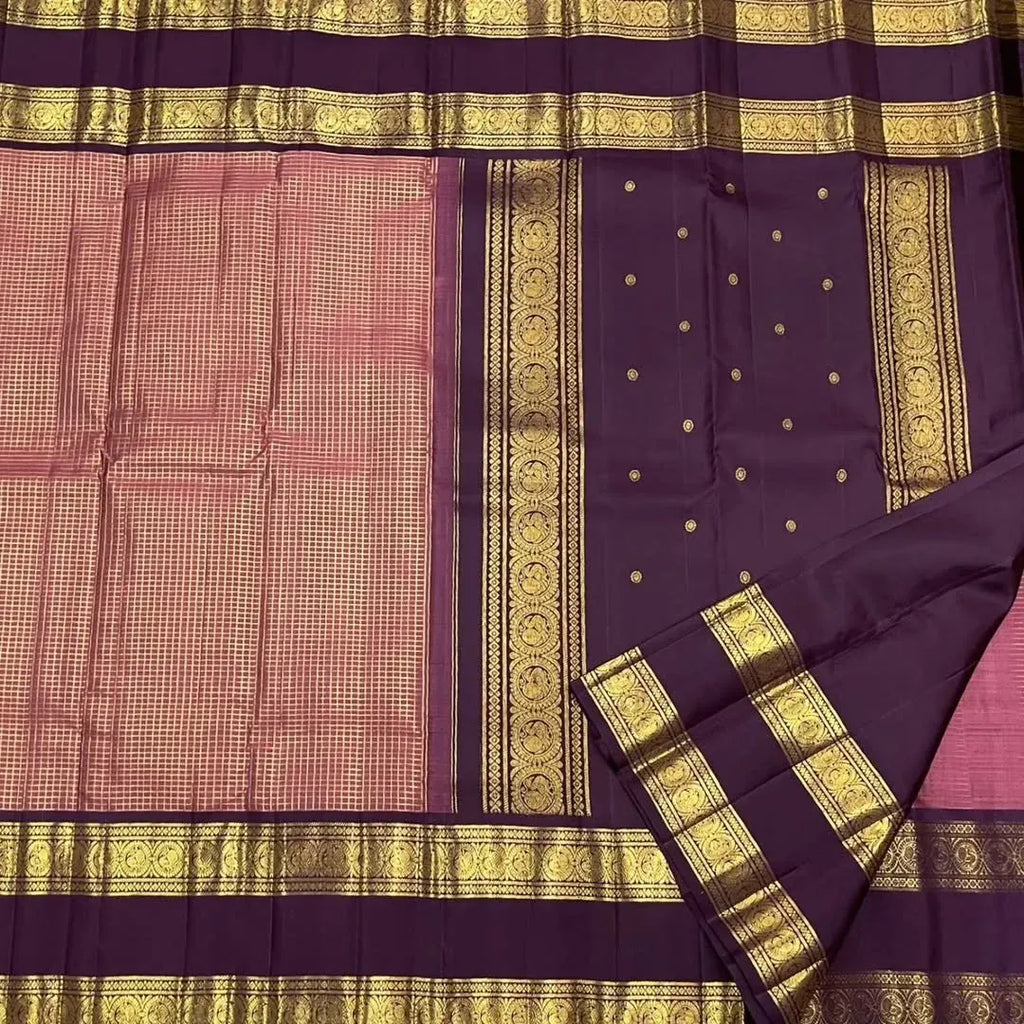 TRENDBUY Banarasi Soft Silk Saree - Light Peach with Purple Border - Flat lay view