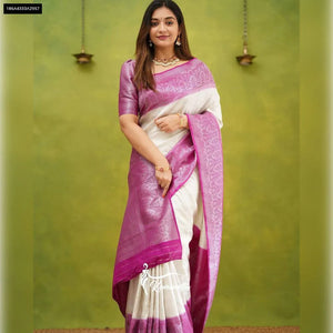 TRENDBUY White & Pink Banarasi Soft Silk Saree for Women | Festive & Ethnic Wear Online