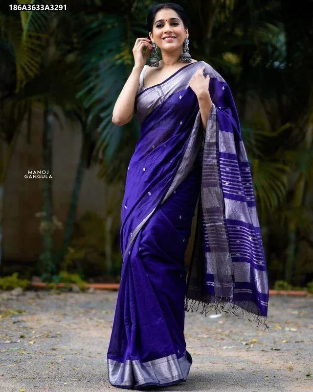 Full view of model in Royal Blue Banarasi Soft Silk Saree with silver border, front-facing and elegant.