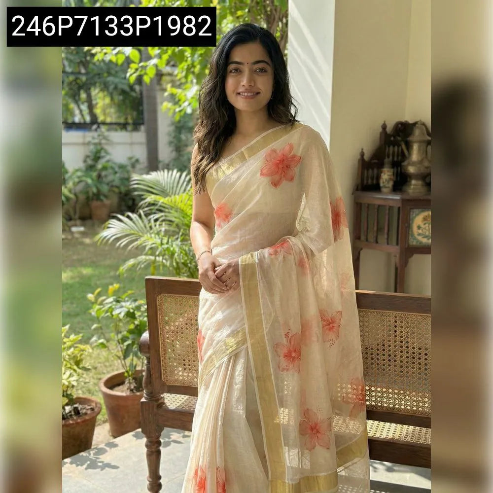 Model wearing Soft Gold Banarasi Tissue Saree with floral print, front view