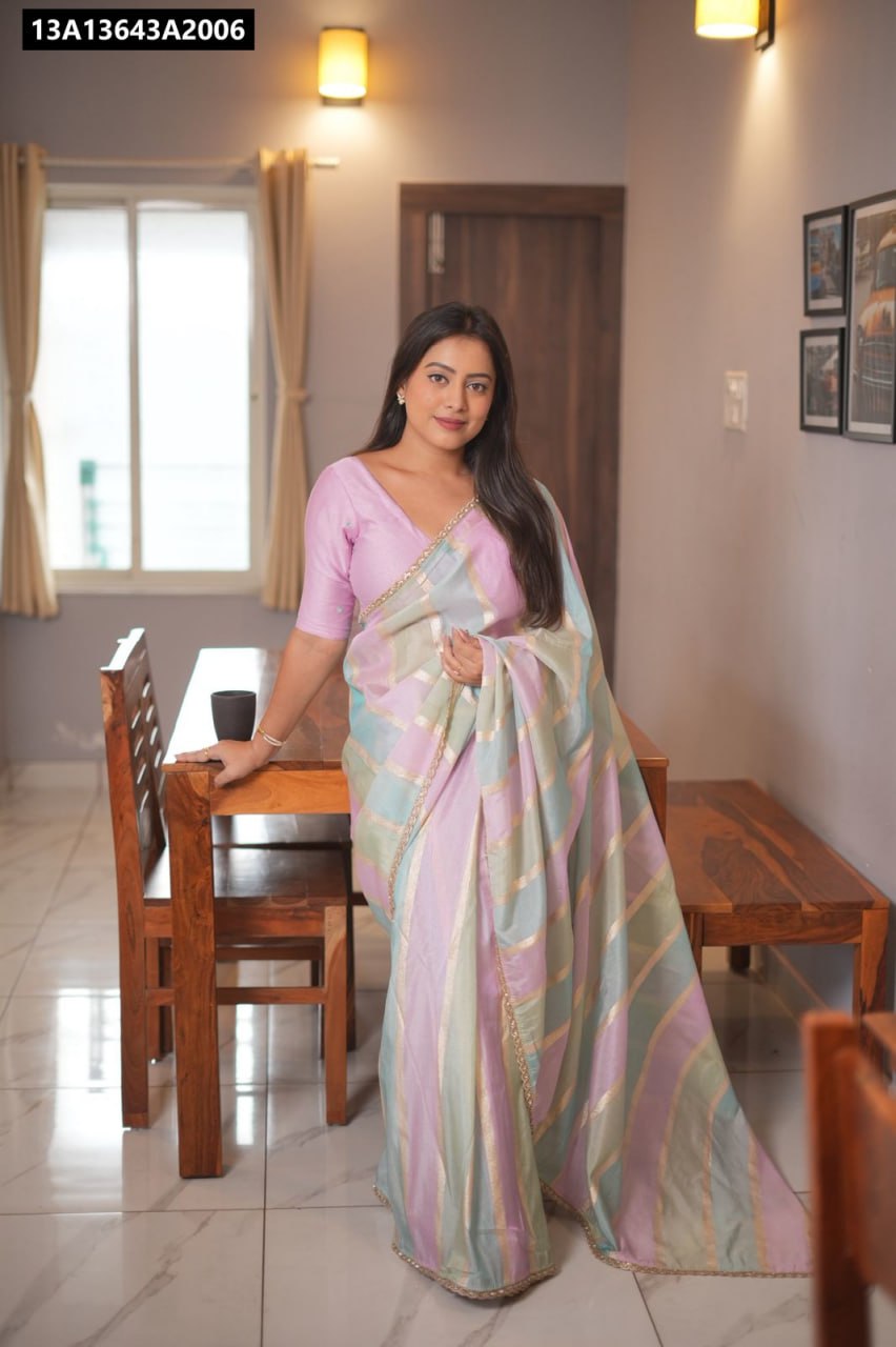 Model wearing TRENDBUY Multicolour Banarsi Georgette Saree with Lavender Blouse, full shot