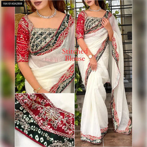 Off-White Bandhani Coading Work Saree with Designer Stitched Red Blouse for Women | Festive & Ethnic Wear Online