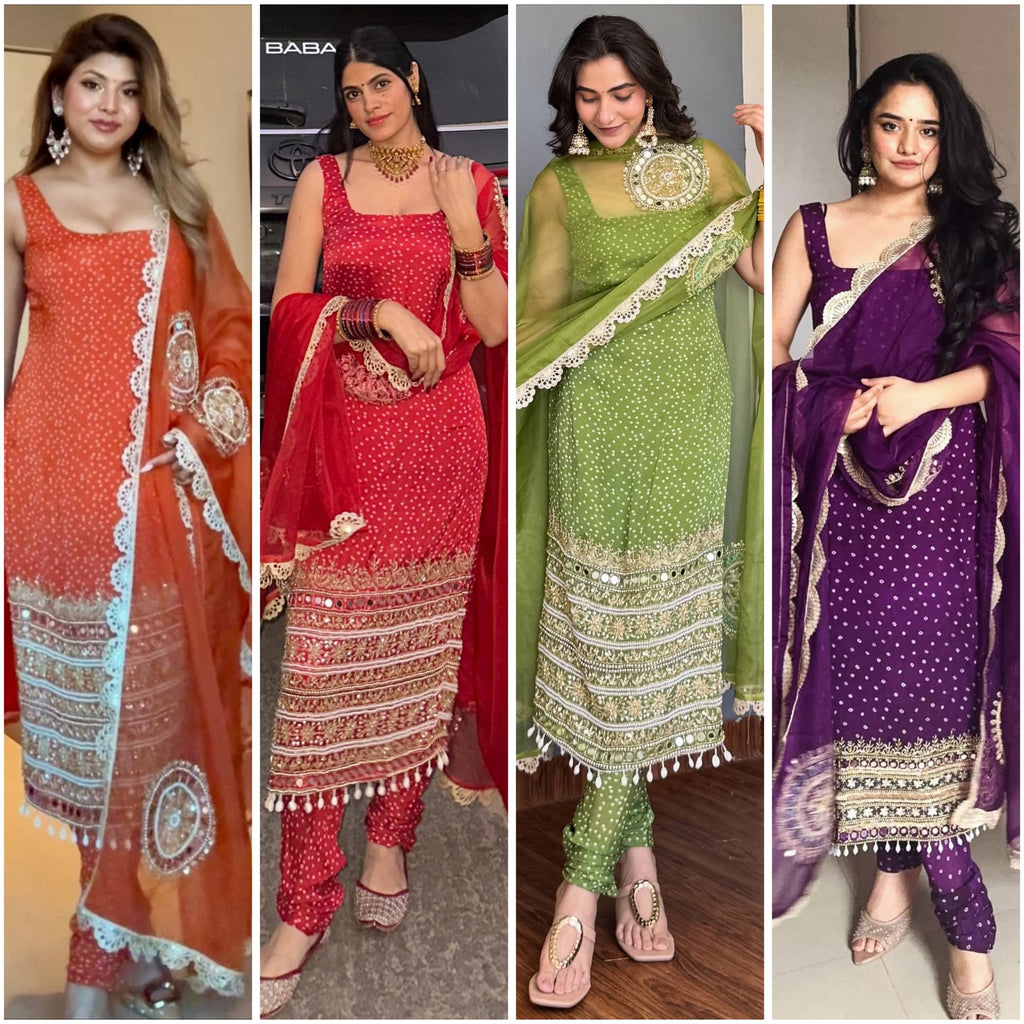 Collage of four women in Bandhani Faux Georgette Kurti Sets - Orange, Red, Green, Purple - featuring mirror work and embroidery, full body view.