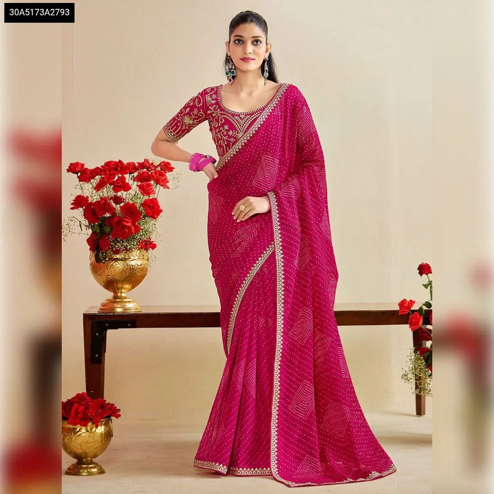 TRENDBUY model in Rani Pink Bandhani Moss Chiffon Saree with embroidery and Banglory Silk blouse, front pose