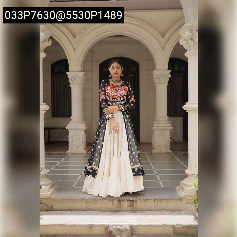 Model in black Bandhani Print Lehenga Kurti Set, full body front view, elegant pose.