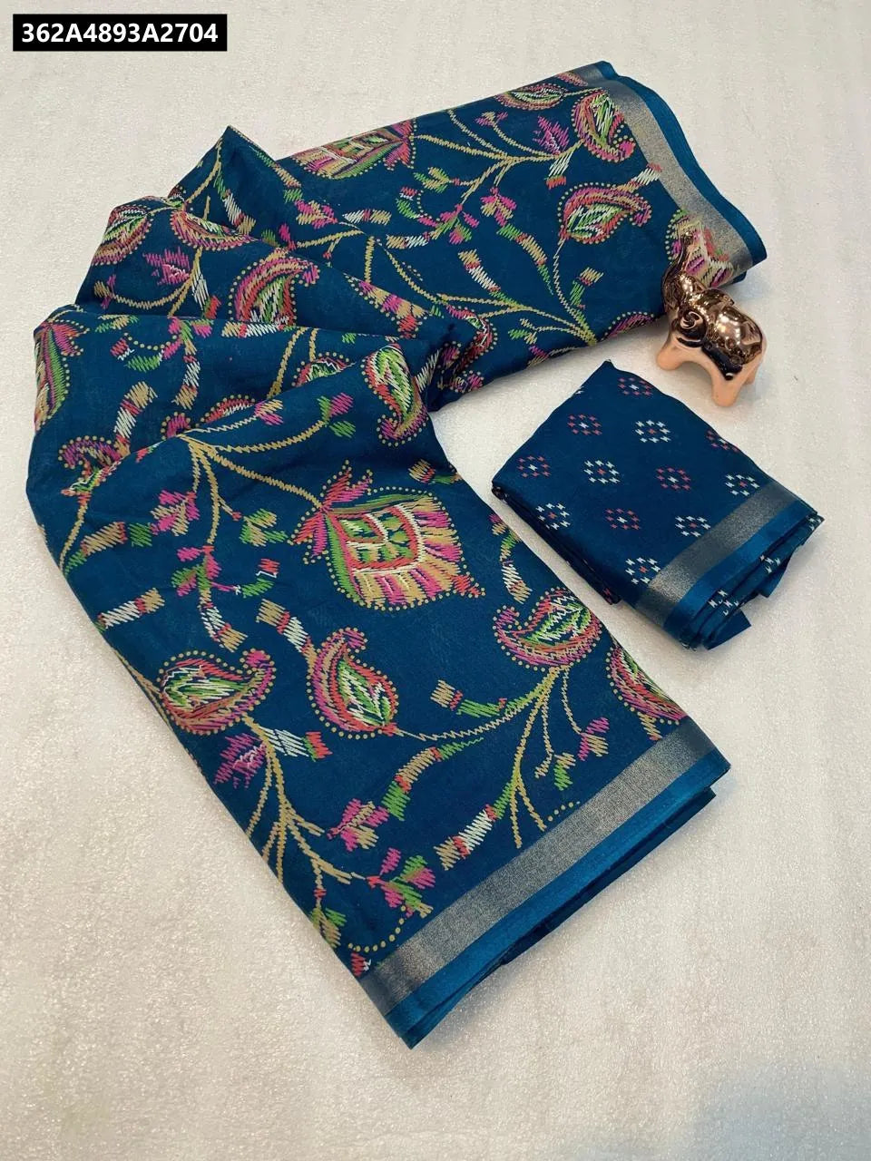 TRENDBUY Teal Blue Bandhani Printed Heavy Mul Cotton Silk Saree with Zari Border