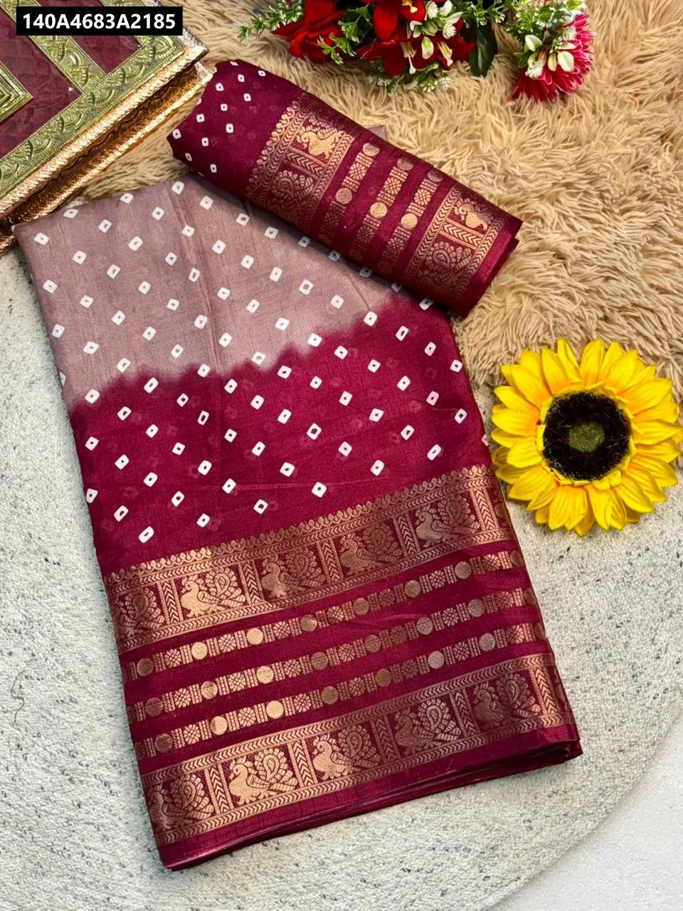 TRENDBUY Grey & Maroon Bandhani Soft Cotton Saree with Running Blouse and Pallu
