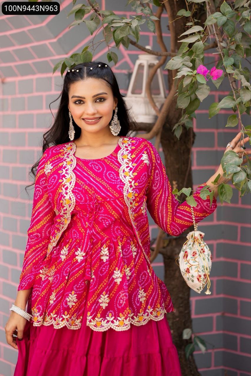 TRENDBUY Hot Pink Bandhej Crop Top Lehenga Set with Embroidered Jacket, front view
