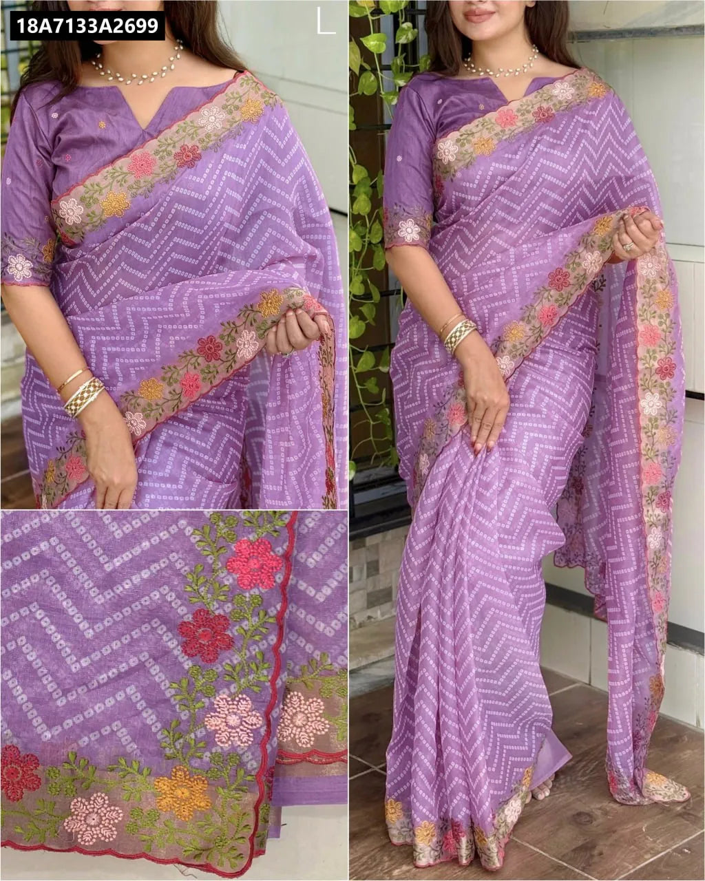 Lavender Bandhej Embroidered Cotton Satin Saree with Blouse - Model Front View