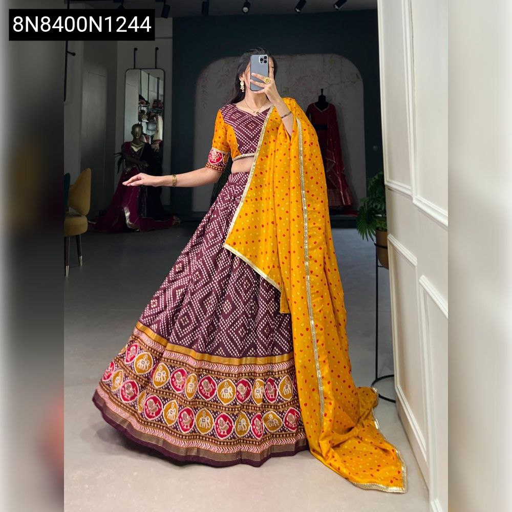 TRENDBUY Bandhej Patola Print Lehenga Choli in Wine & Yellow - Front View Model Shot