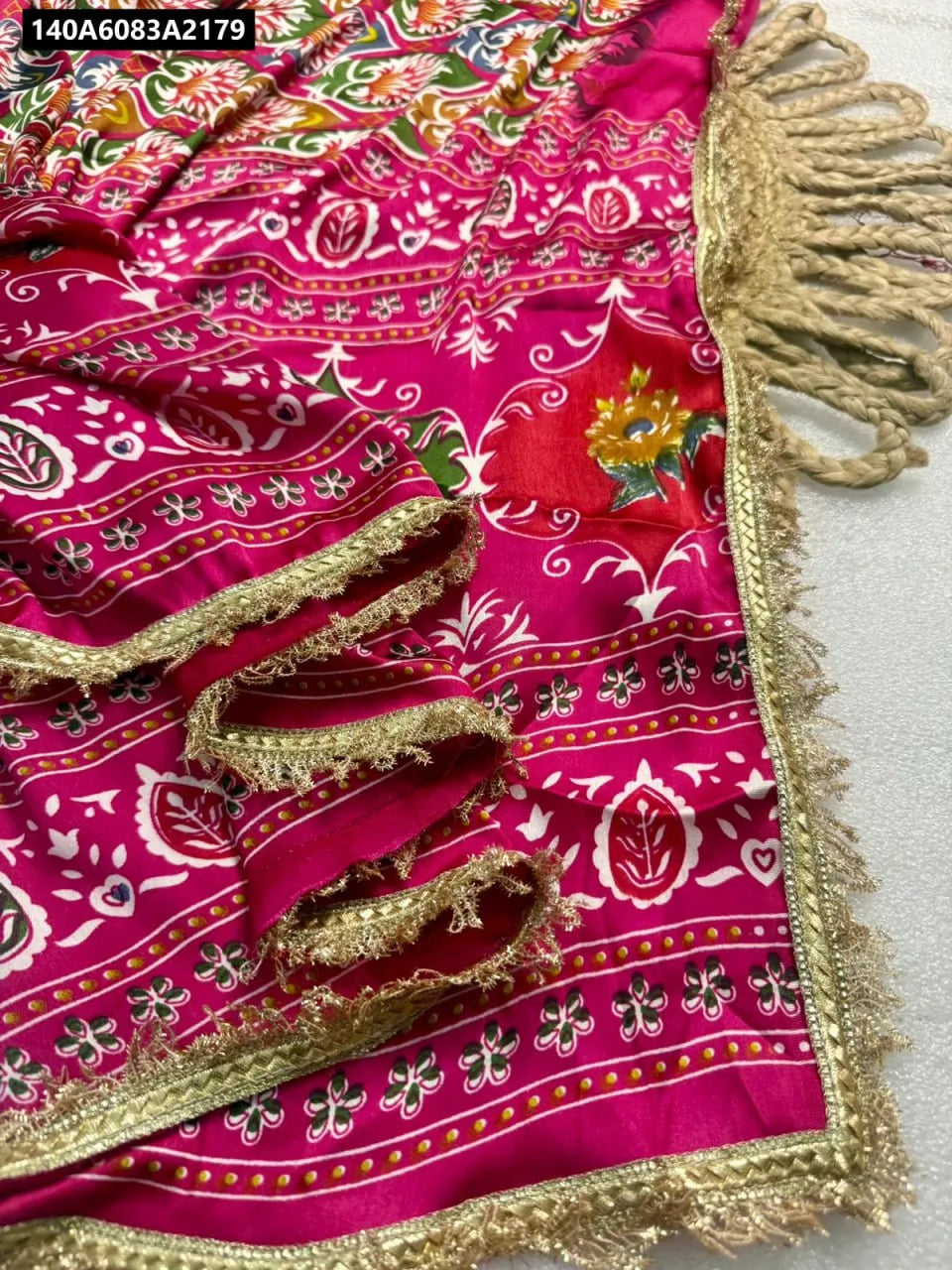 TRENDBUY Bandhej Print Semi Gajji Silk Saree in Hot Pink with Gota Patti Border