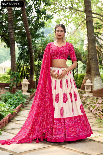 Bandhej Print Tasar Silk Lehenga Choli for Women | Festive & Wedding