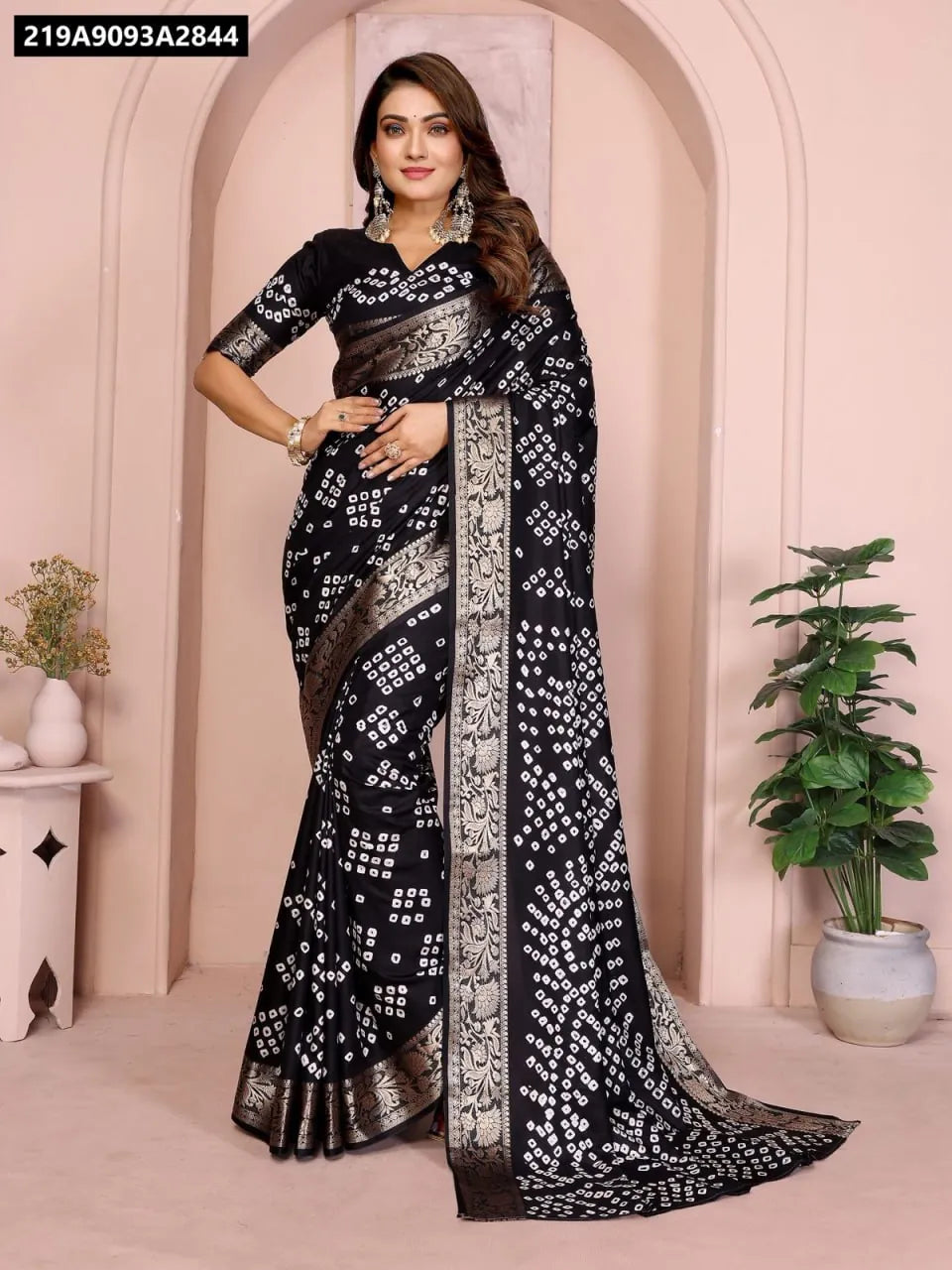 Black Bandhej Silk Saree with Zari Weaving and Morpankh Pallu for Women, modeled front-facing by TRENDBUY