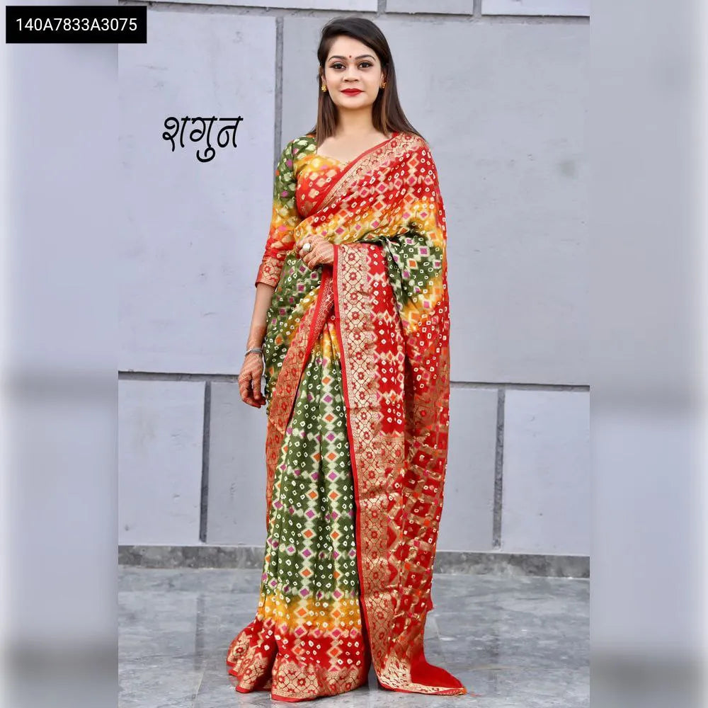 Model showcasing a vibrant Rainbow Bandhej silk saree with Kanchipuram zari border.