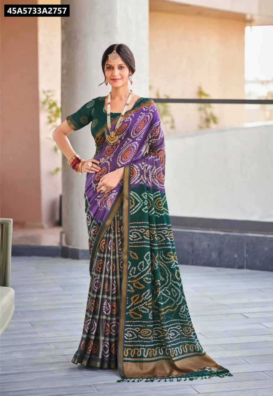 Model wearing Emerald Purple Bandhej Soft Cotton Printed Saree by TRENDBUY
