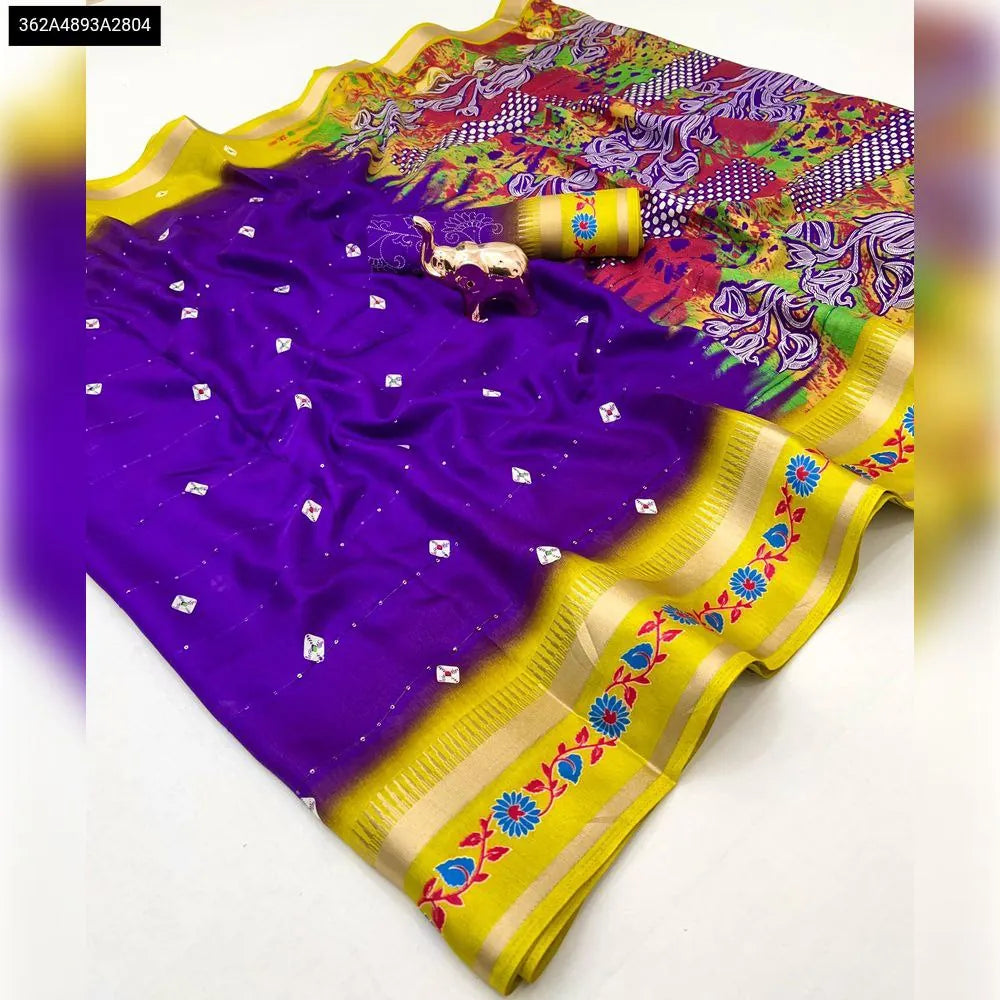 TRENDBUY Purple and Yellow Batik Print Cotton Blend Saree with multi-sequins and Kalamkari pallu, flat lay.