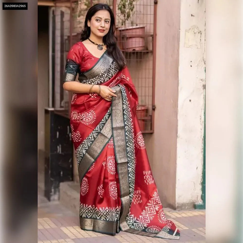 Model showcasing TRENDBUY Batik Print Dola Silk Saree in Rust/Coffee, full body front view