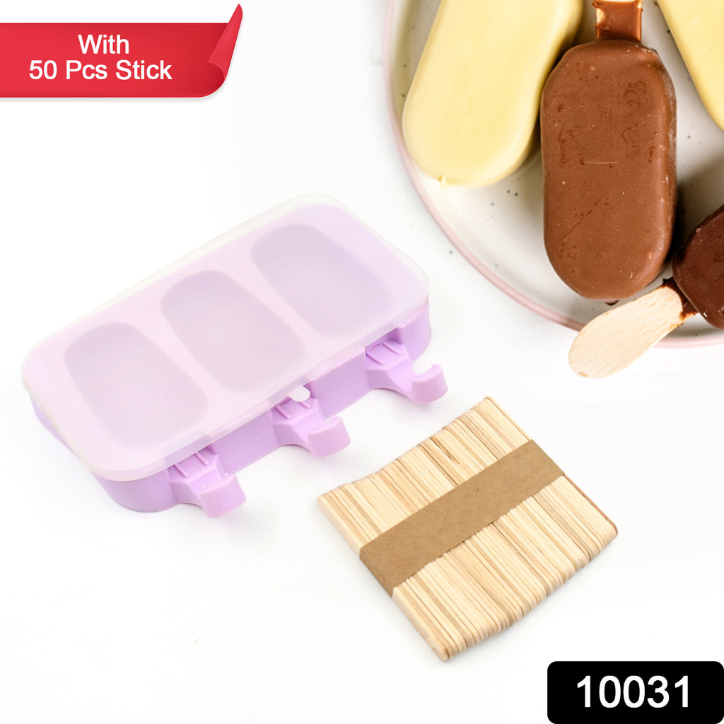 Colorful silicone ice pop maker molds with lids, filled for homemade ice cream with sticks for kids.