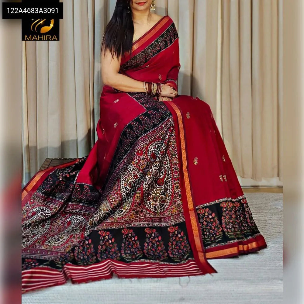 Model wearing TRENDBUY Red Mal Cotton Saree with black and gold intricate design and border, 3/4 view