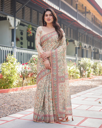 Beige Floral Handloom Saree for Women | Modern Ethnic Chic