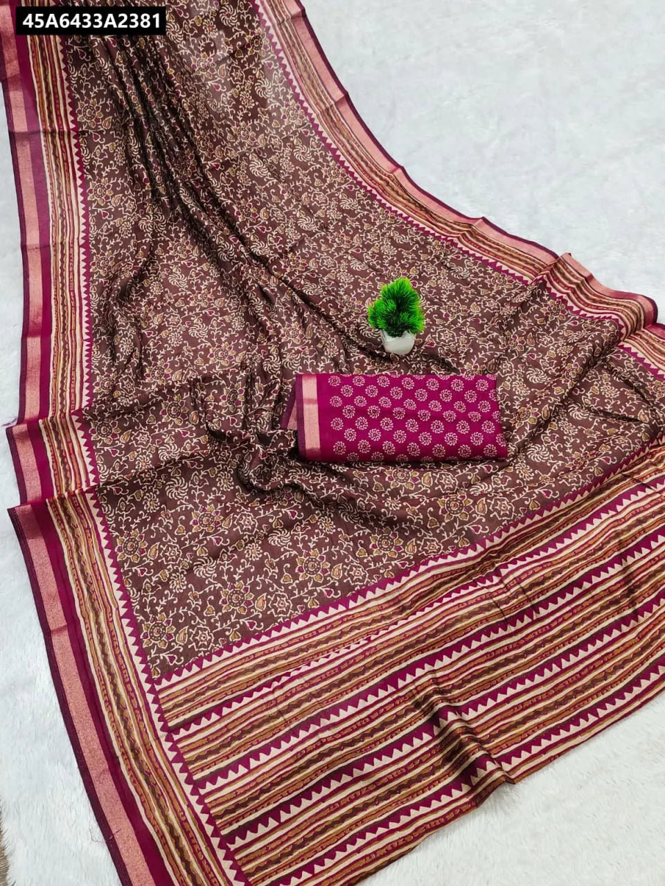 Burgundy Floral Print Biota Silk Saree with Zari Border by TRENDBUY