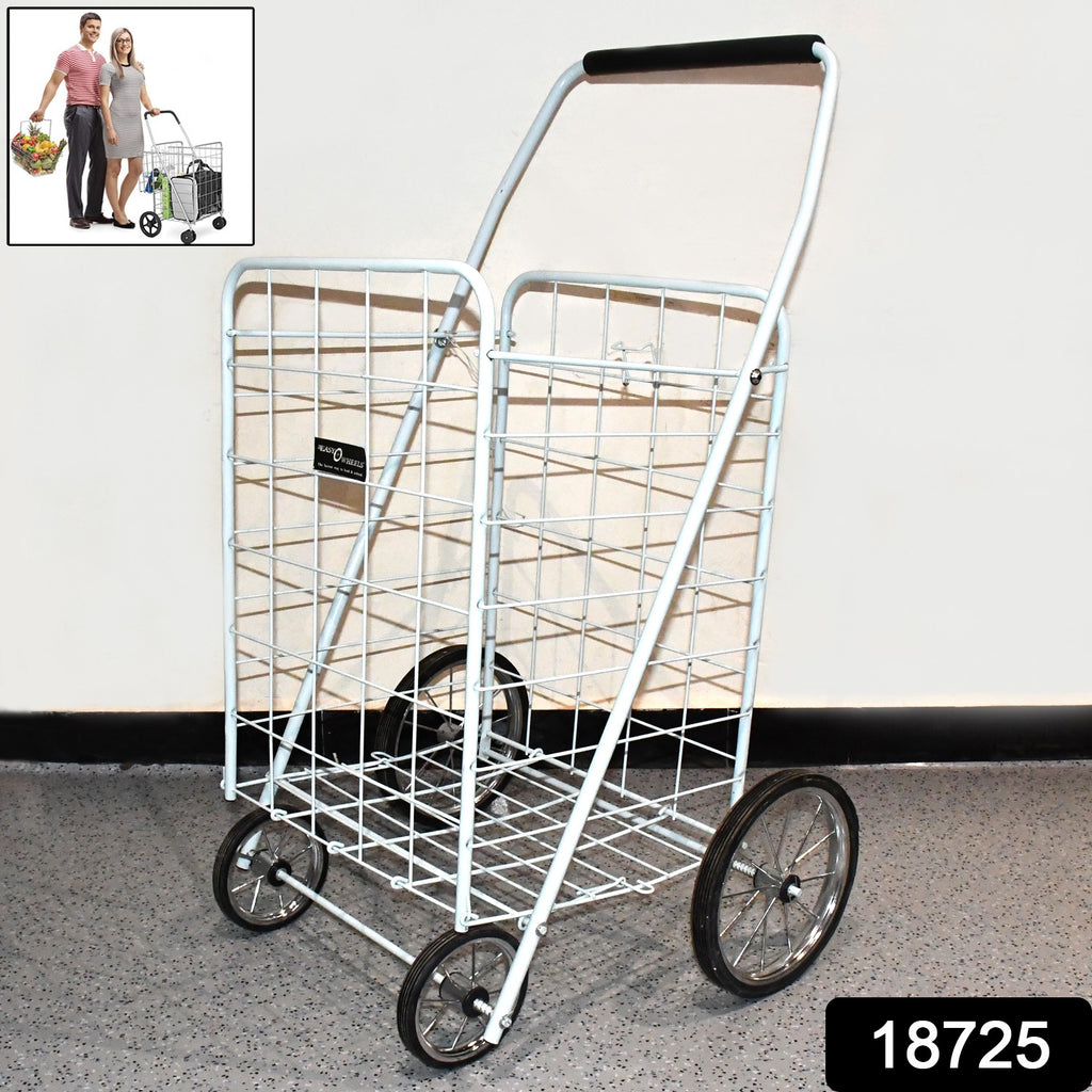 Blue foldable shopping trolley with wheels carrying groceries.