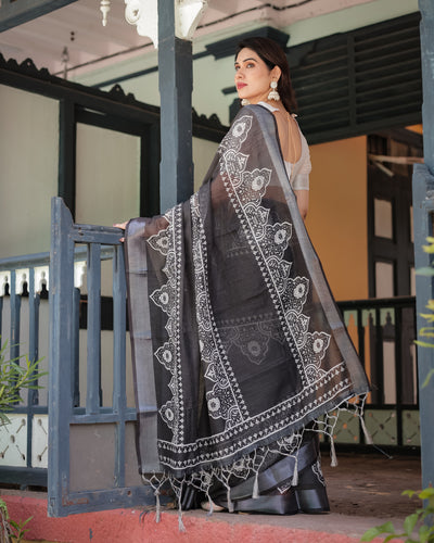 Premium Handcrafted Black and White Pure Linen Saree for Elegant Evening Wear