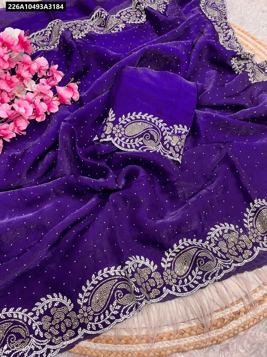 Lavender Purple Space Silk Blooming Saree with Jarkhan and Siroski Work, draped with matching blouse piece