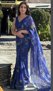Buy Blue Linen Digital Print Saree for Women | Ethnic Festive Wear Online