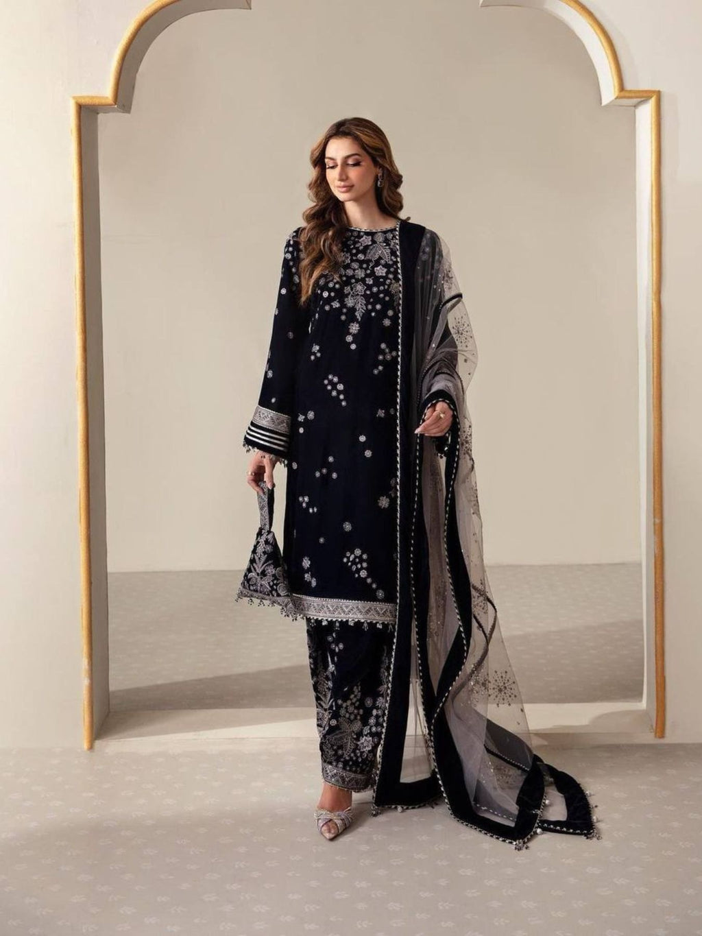 Blue Viscose Women Velvet Suit with Dupatta Party Wear