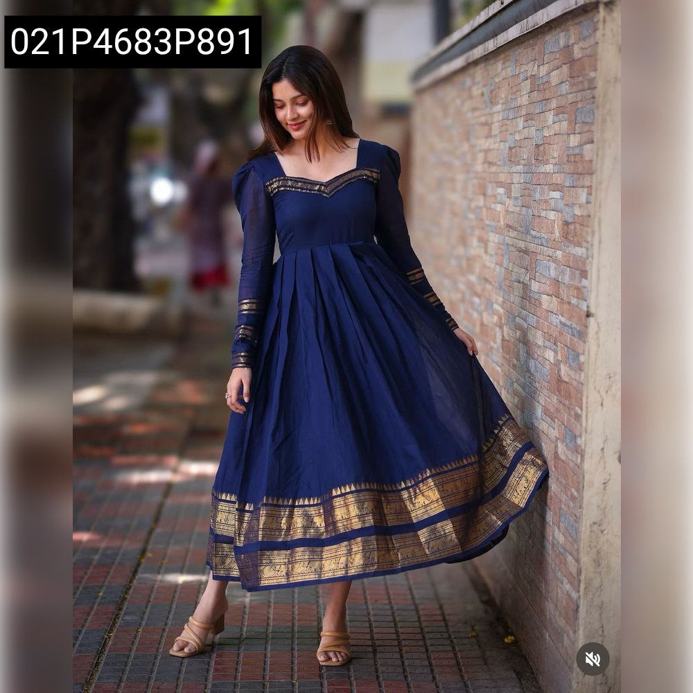 Elegant Women's BlueBerry Silk Cotton Maxi Dress with Jacquard Weave, front view