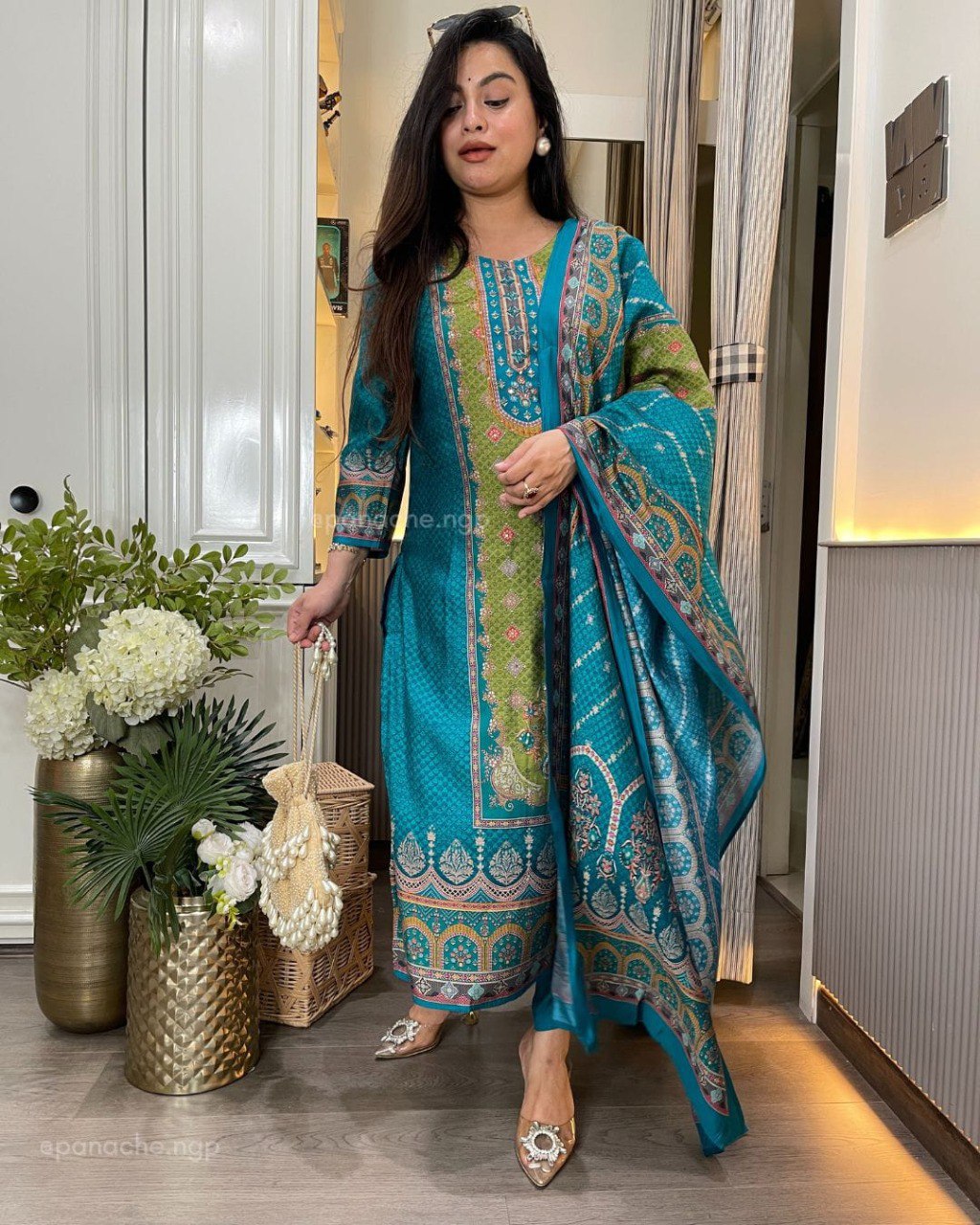 TRENDBUY woman model showcasing Bluerani KitKat Silk Suit Set, teal green, full handwork, elegant ethnic wear.