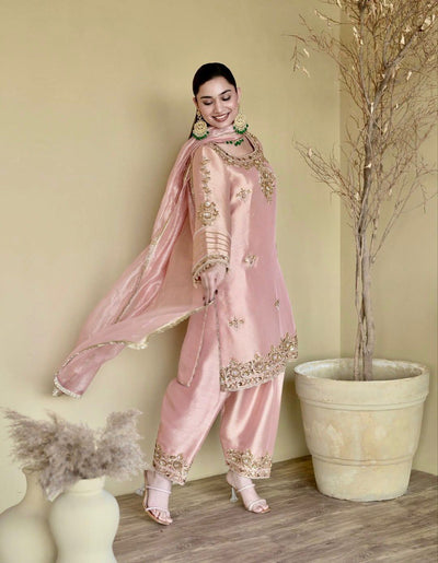Blush Pink Natural Silk Plazzo Suit Set for Women | Embroidered Elegance